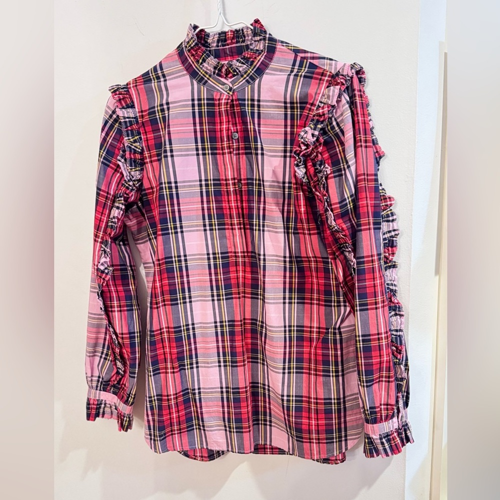 J. Crew Kids Pink and Red Plaid Ruffle Shirt